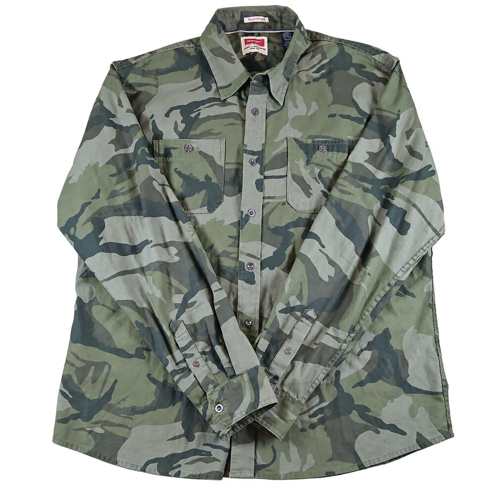 Wrangler Men’s XL Woodland Camo Button Front Shirt Long Sleeve Cotton Stretch